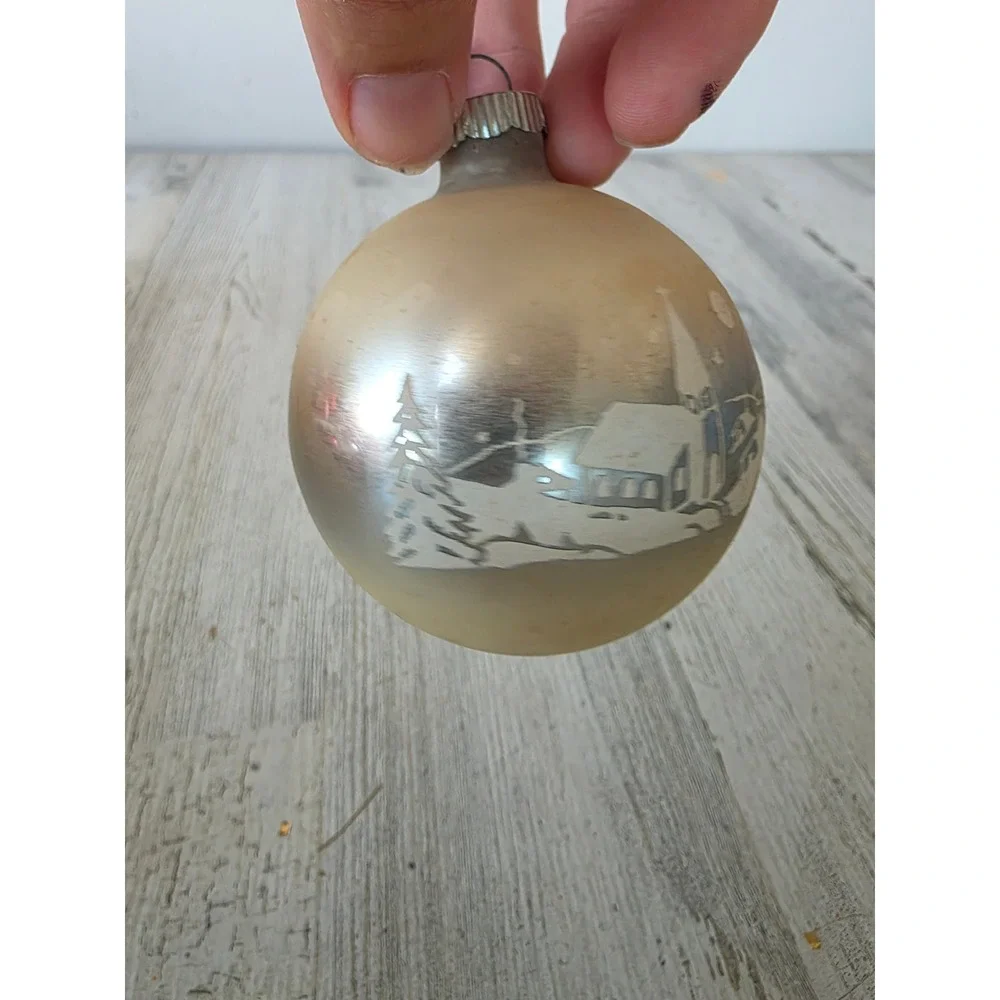 Vintage shiny Bright stencil Church scene matte ornament Xmas tree